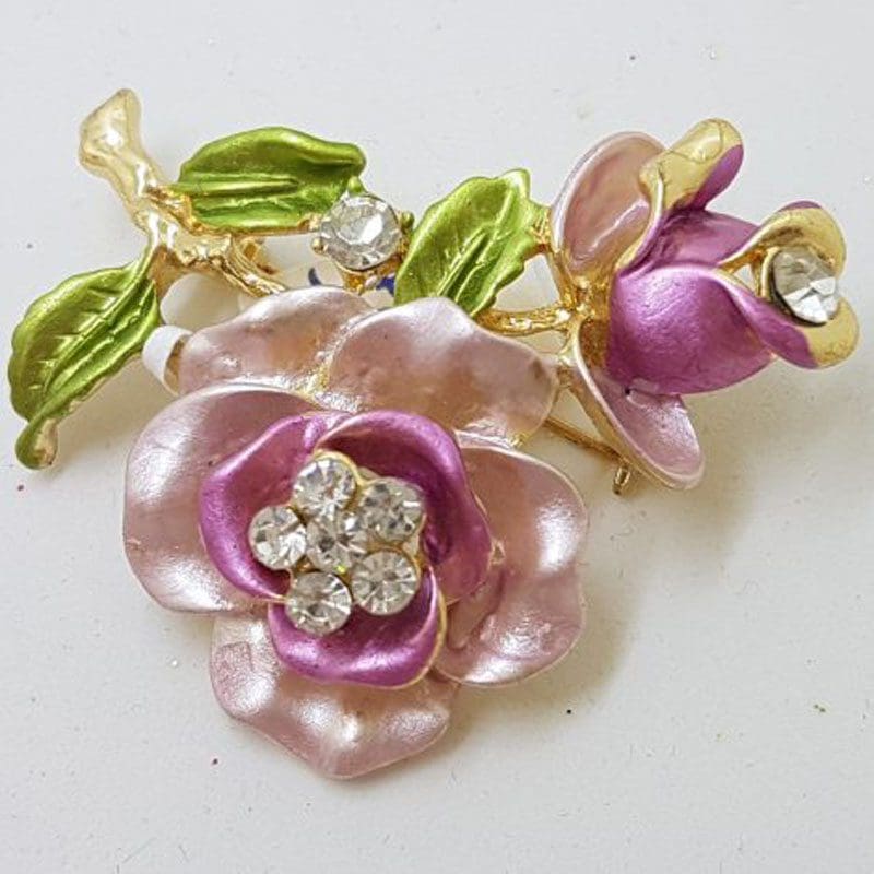 Plated Pink and Purple with Rhinestone Rose Costume Jewellery Brooch