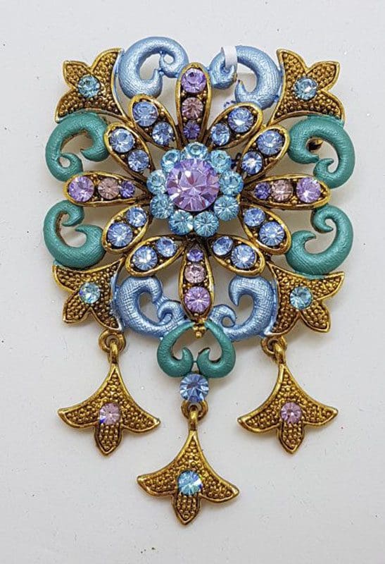 Plated Large Blue and Purple Ornate Drop Brooch – Costume Jewellery
