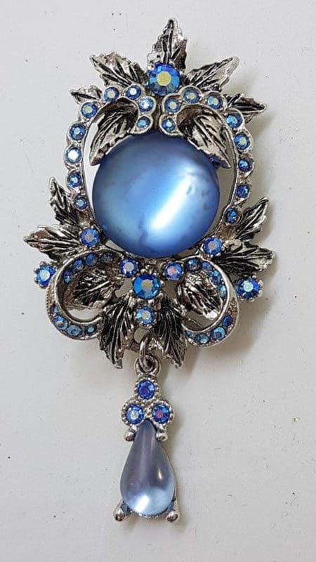 Plated Very Large Blue and Aurora Borealis Ornate Drop Brooch – Vintage Costume Jewellery