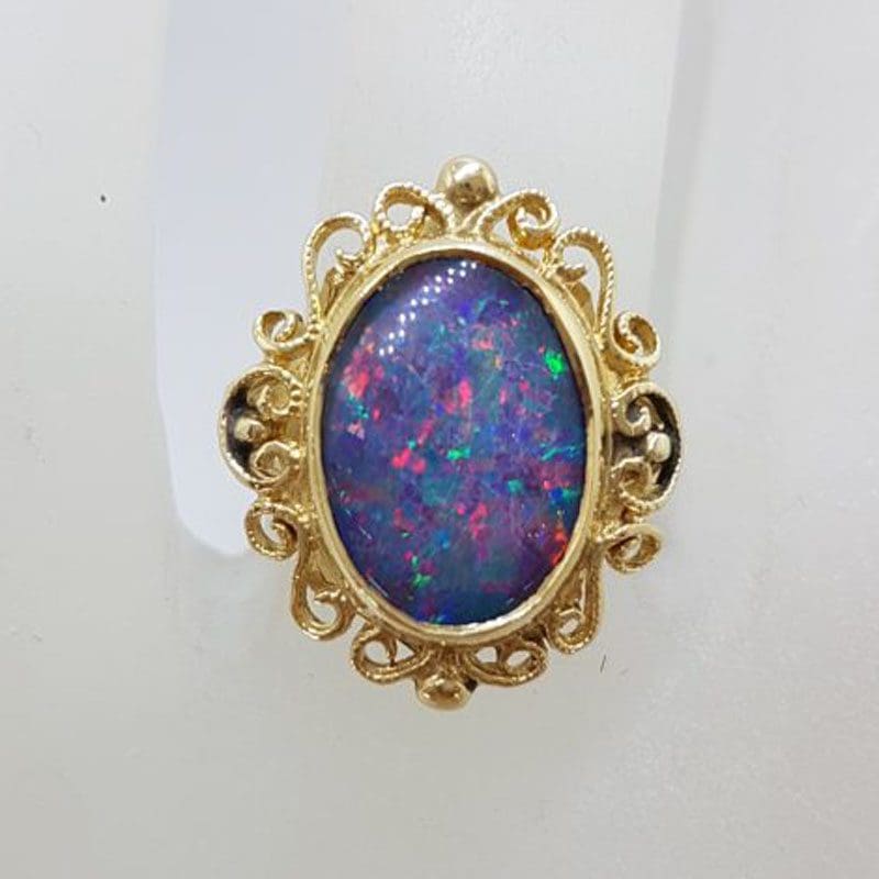 9ct Yellow Gold Large Ornate Oval Opal Ring - Vintage