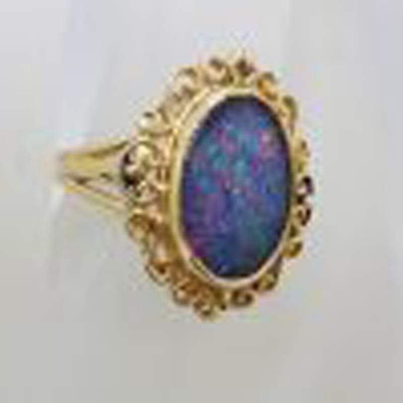 9ct Yellow Gold Large Ornate Oval Opal Ring - Vintage