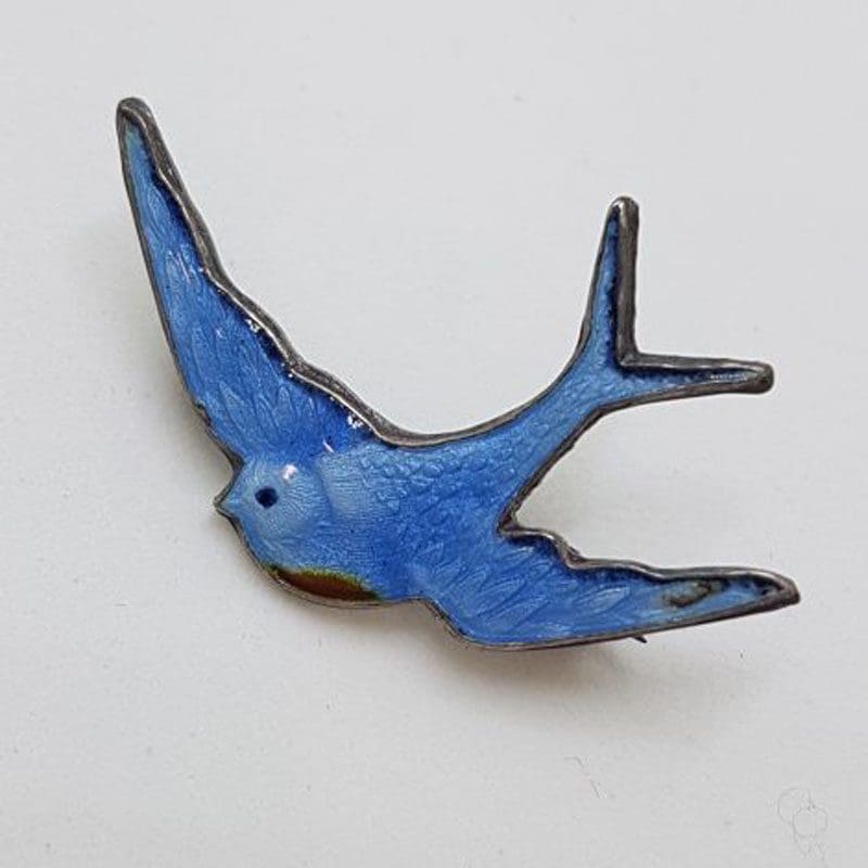 Sterling Silver Blue Bird of Happiness Enamel Brooch - Vintage