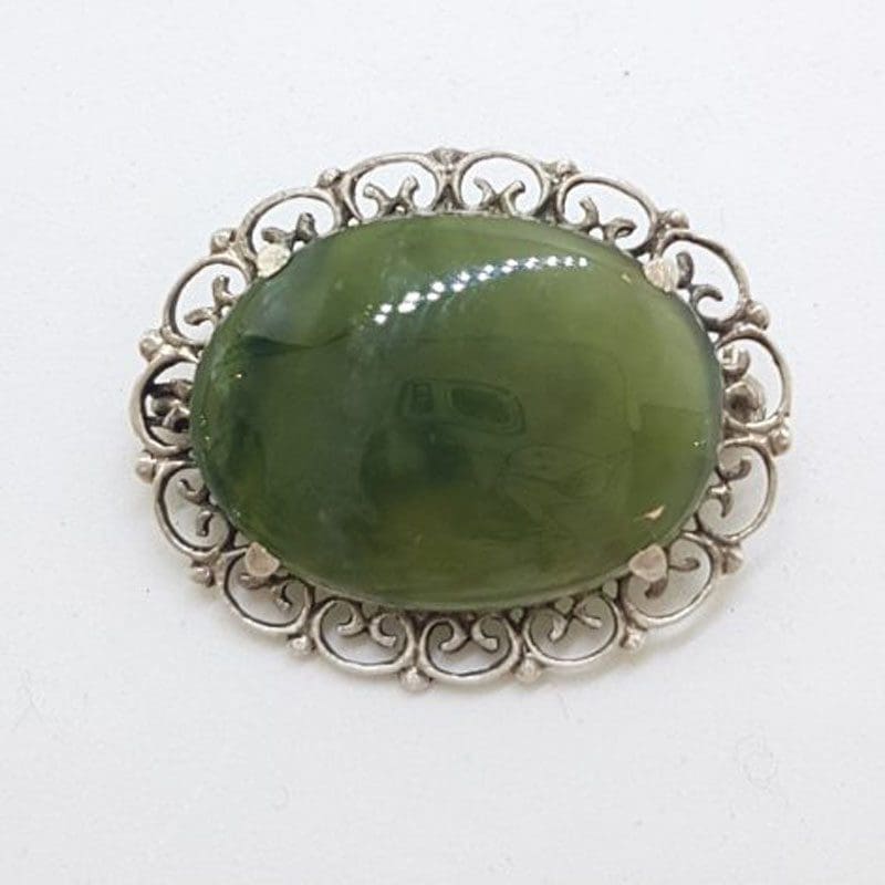 Sterling Silver Ornate Oval New Zealand Green Stone / Jade Filigree Edged Brooch - Vintage