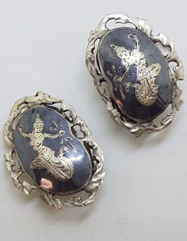 Sterling Silver Black Siam Enamel Clip-On Earrings - Vintage