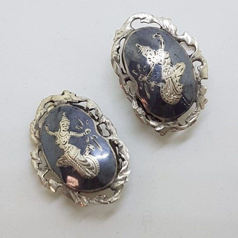 Sterling Silver Black Siam Enamel Clip-On Earrings - Vintage