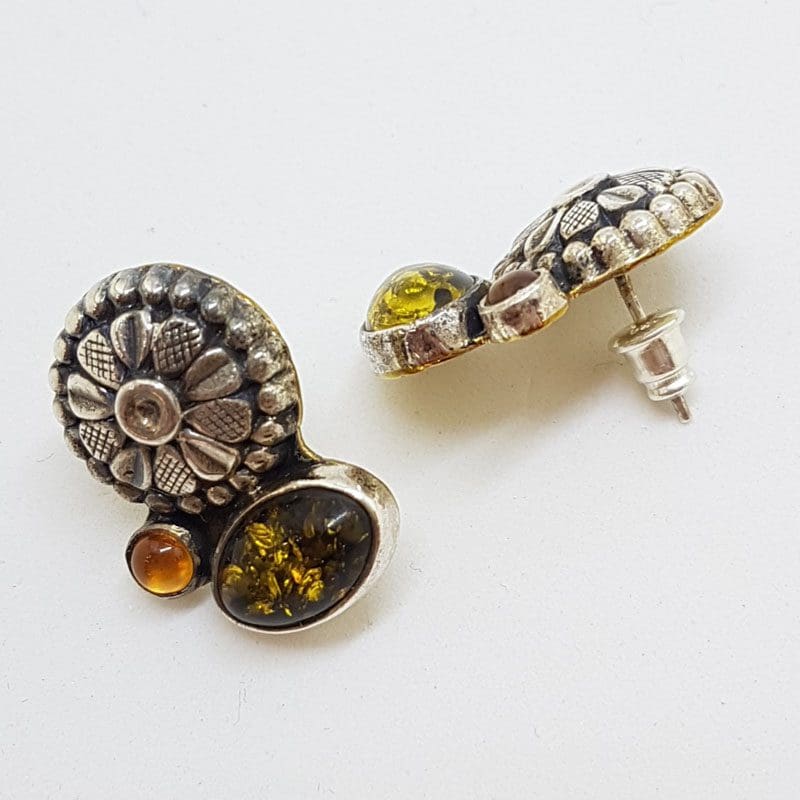 Sterling Silver Amber Floral Stud Earrings