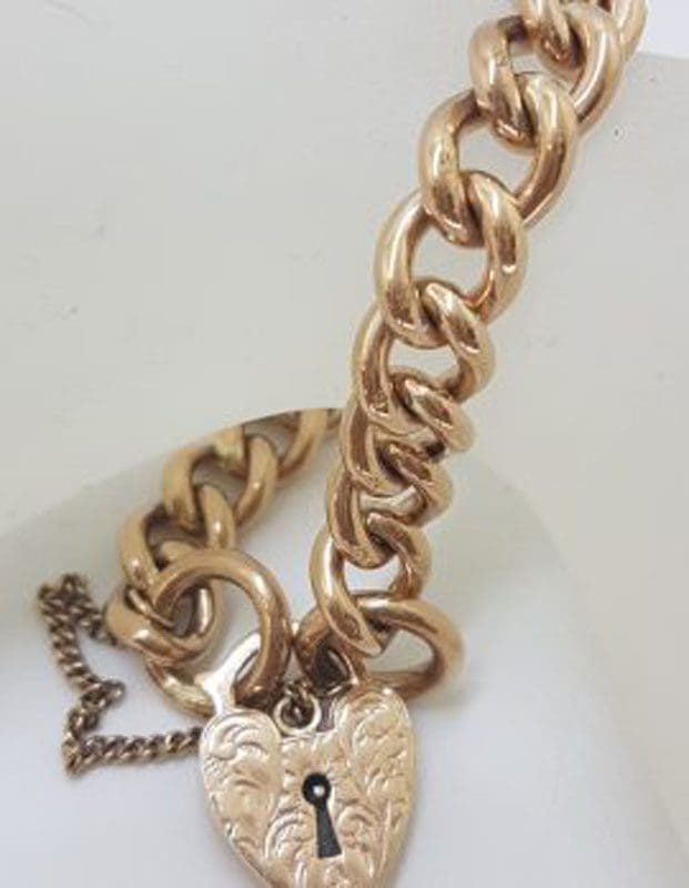 9ct Rose Gold Heavy Curb Link Padlock Bracelet - Antique / Vintage