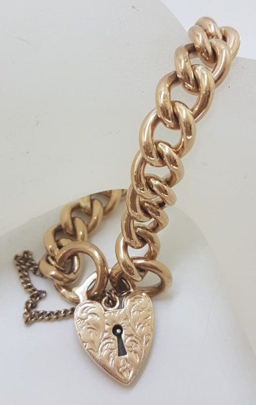 9ct Rose Gold Heavy Curb Link Padlock Bracelet - Antique / Vintage
