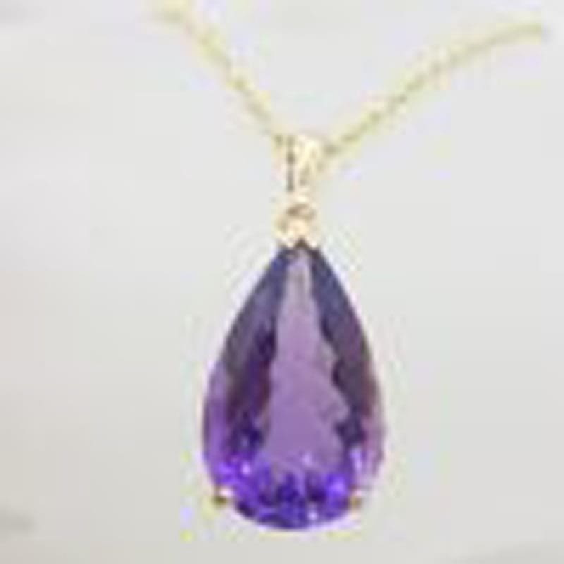 9ct Yellow Gold Large Teardrop / Pear Shape Claw Set Amethyst Pendant on Gold Chain
