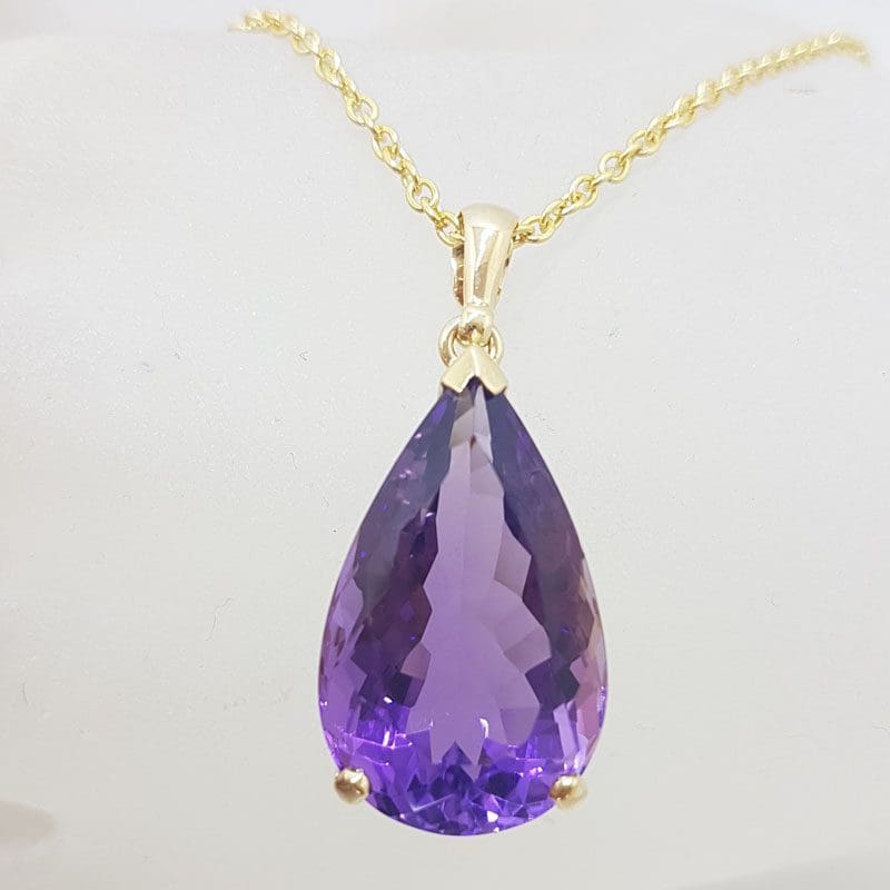 20210112_194439 9ct Yellow Gold Large Teardrop / Pear Shape Claw Set Amethyst Pendant on Gold Chain