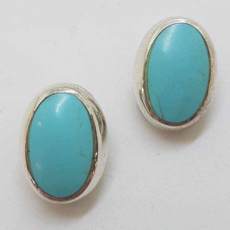Sterling Silver Large Oval Blue Turquoise Clip-On Earrings