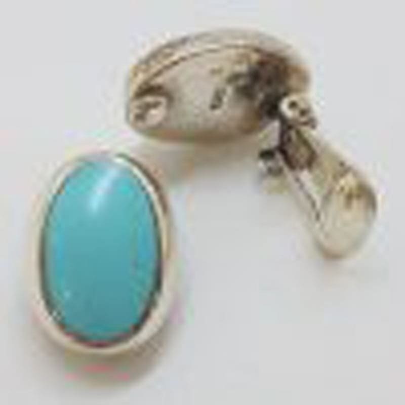 Sterling Silver Large Oval Blue Turquoise Clip-On Earrings
