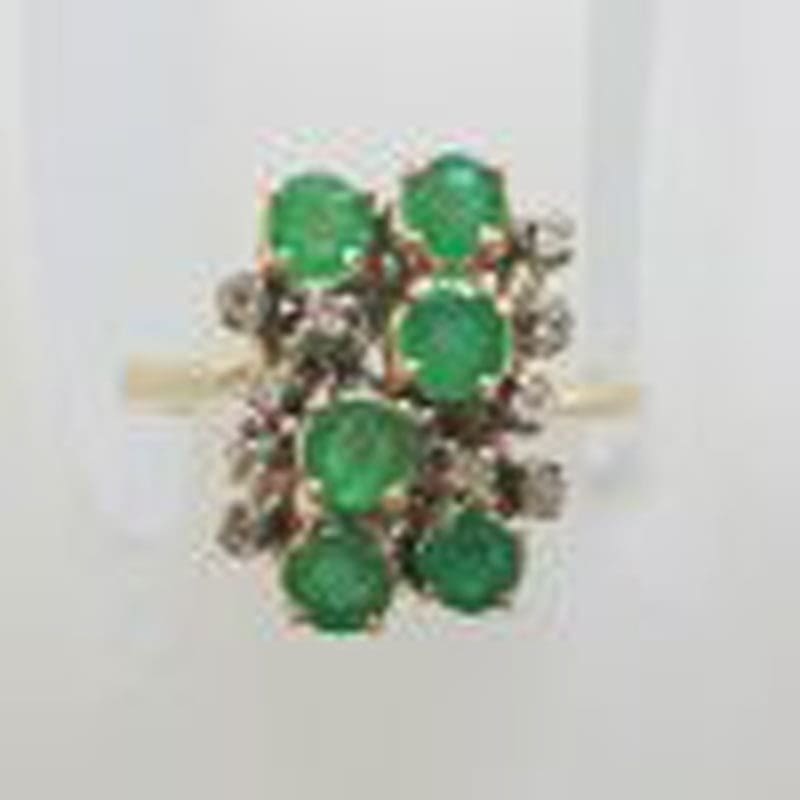9ct Yellow Gold Natural Emerald and Diamond Large Cluster Ring - Antique / Vintage