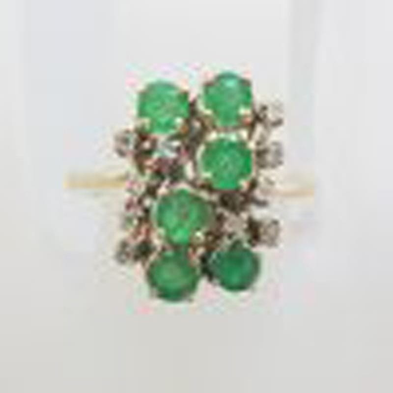 9ct Yellow Gold Natural Emerald and Diamond Large Cluster Ring - Antique / Vintage