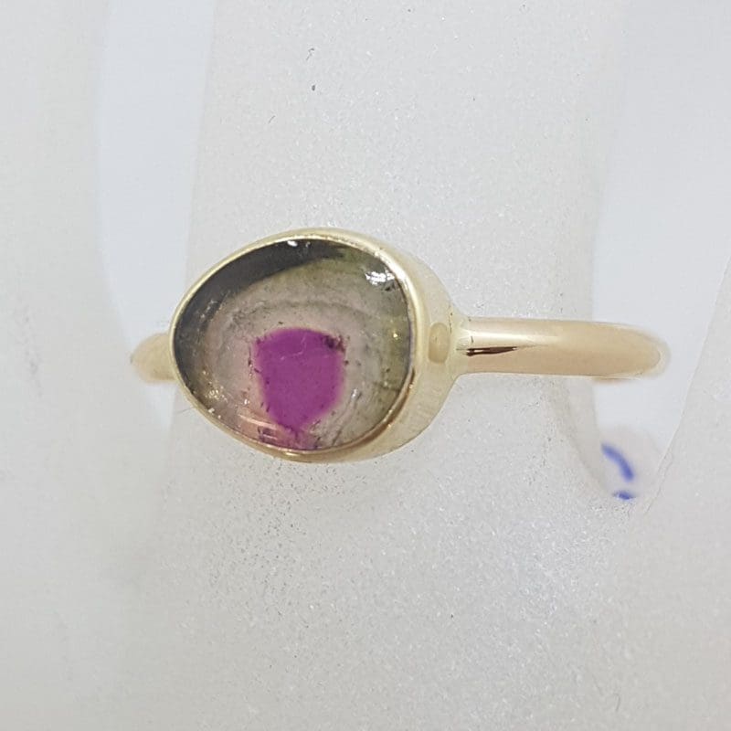 9ct Yellow Gold Bezel Set Watermelon Tourmaline Ring