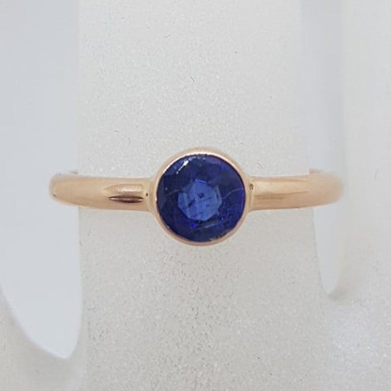 9ct Rose Gold Round Bezel Set Natural Blue Sapphire Ring