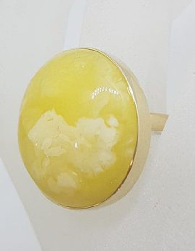 9ct Yellow Gold Large Round Natural Baltic Butter Amber Ring