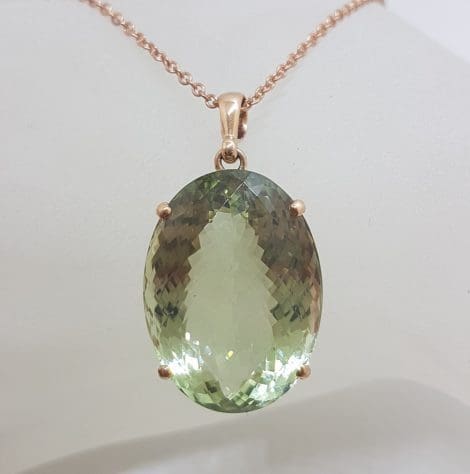 9ct Rose Gold Large Oval Green Amethyst / Prasiolite Claw Set Pendant on Gold Chain