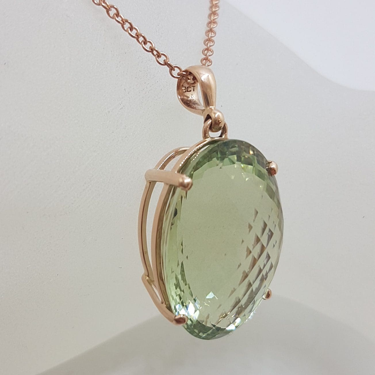 9ct Rose Gold Large Oval Green Amethyst / Prasiolite Claw Set Pendant on Gold Chain