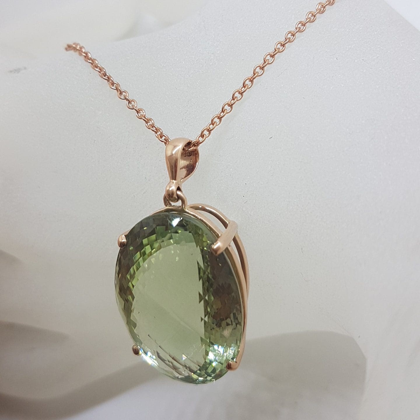 9ct Rose Gold Large Oval Green Amethyst / Prasiolite Claw Set Pendant on Gold Chain