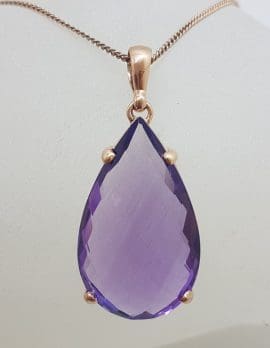 9ct Rose Gold Large Teardrop / Pear Shape Amethyst Claw Set Pendant on Gold Chain