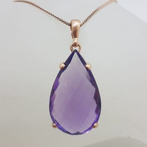 9ct Rose Gold Large Teardrop / Pear Shape Amethyst Claw Set Pendant on Gold Chain