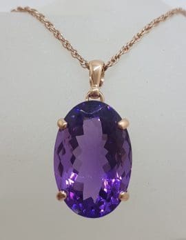 9ct Rose Gold Oval Amethyst Claw Set Pendant on Gold Chain