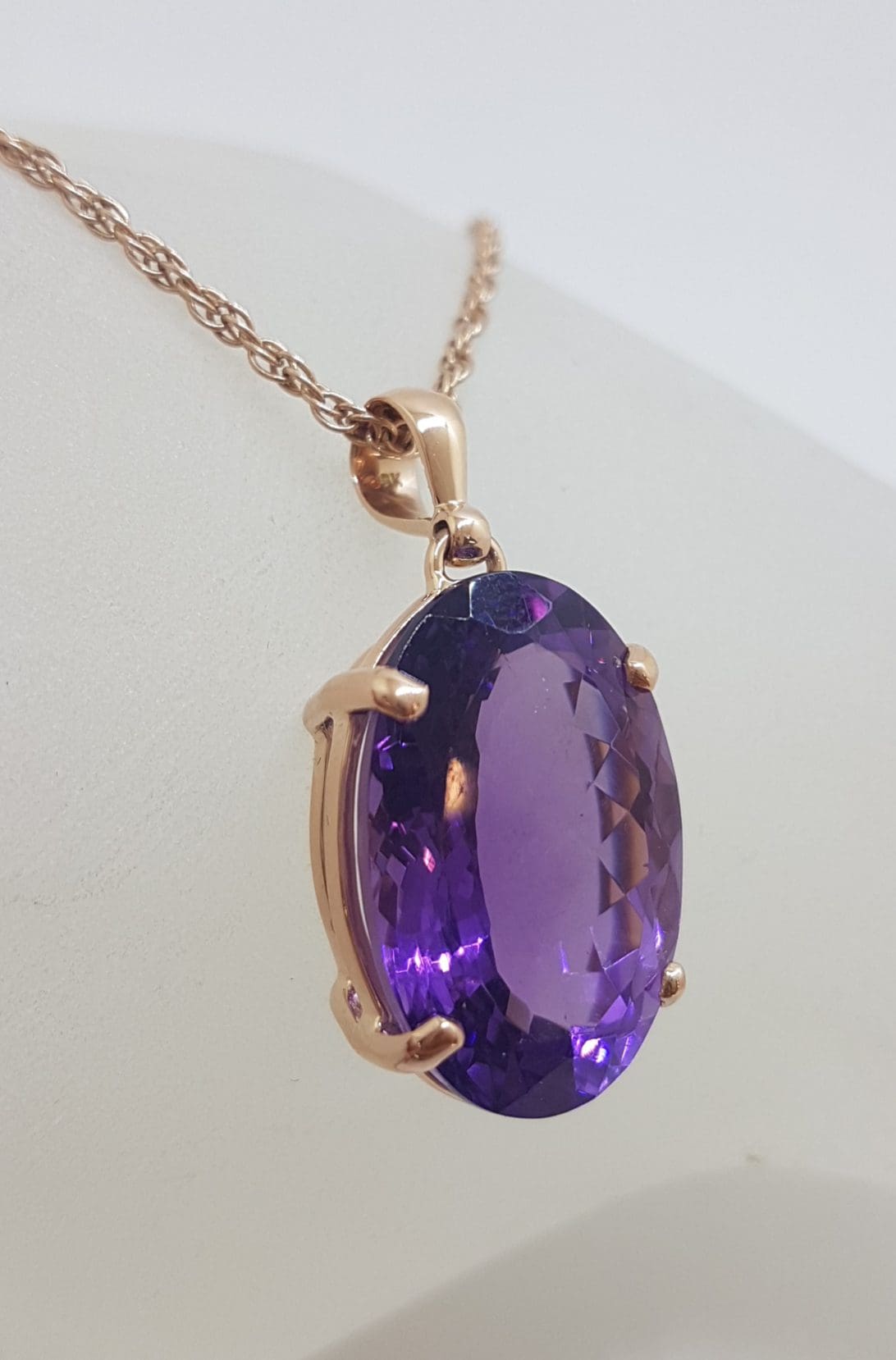 20210115_155046 9ct Rose Gold Oval Amethyst Claw Set Pendant on Gold Chain