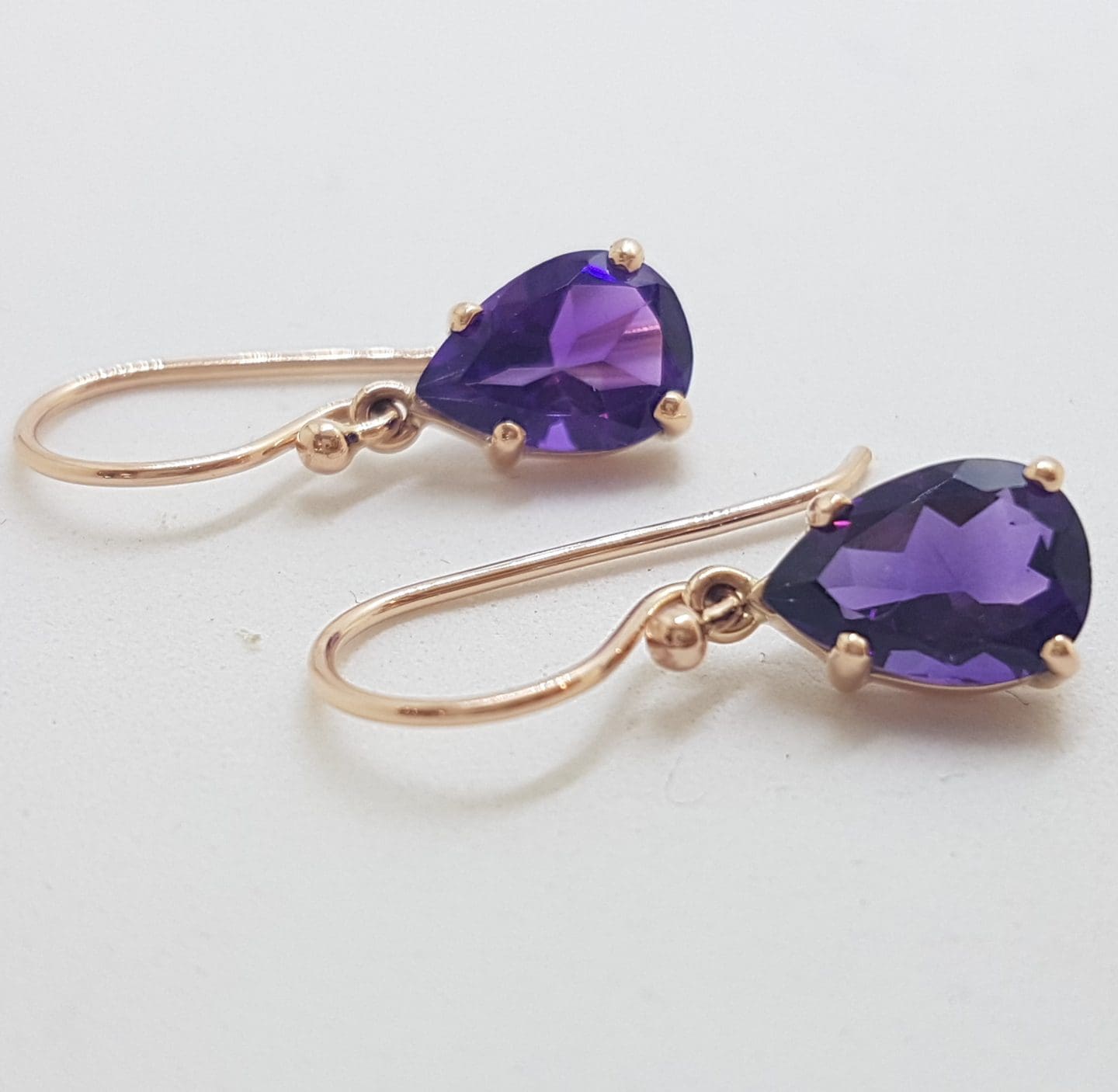 20210115_155317 9ct Rose Gold Teardrop / Pear Shape Claw Set Amethyst Drop Earrings