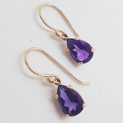 9ct Rose Gold Teardrop / Pear Shape Claw Set Amethyst Drop Earrings