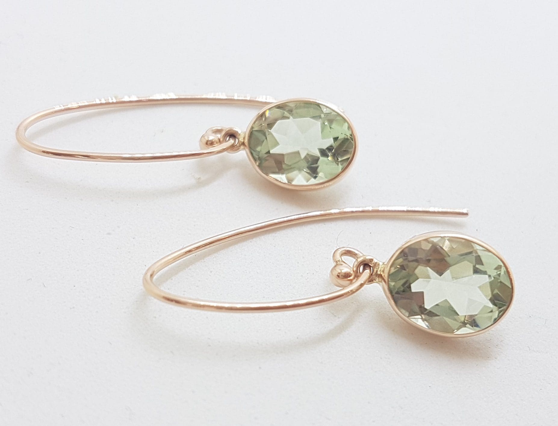 20210115_155348 9ct Rose Gold Long Oval Bezel Set Green Amethyst / Prasiolite Drop Earrings