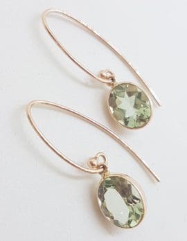 9ct Rose Gold Long Oval Bezel Set Green Amethyst / Prasiolite Drop Earrings