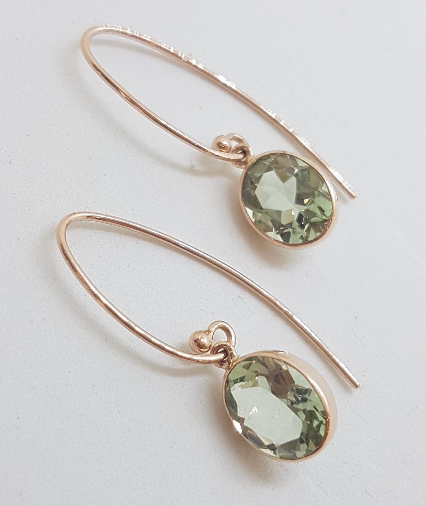 20210115_155428 9ct Rose Gold Long Oval Bezel Set Green Amethyst / Prasiolite Drop Earrings