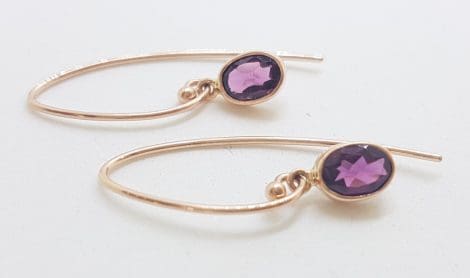 9ct Rose Gold Oval Bezel Set Rhodolite Garnet Drop Earrings