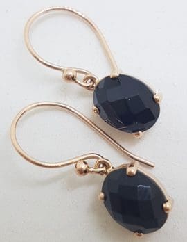 9ct Rose Gold Oval Claw Set Onyx Drop Earrings