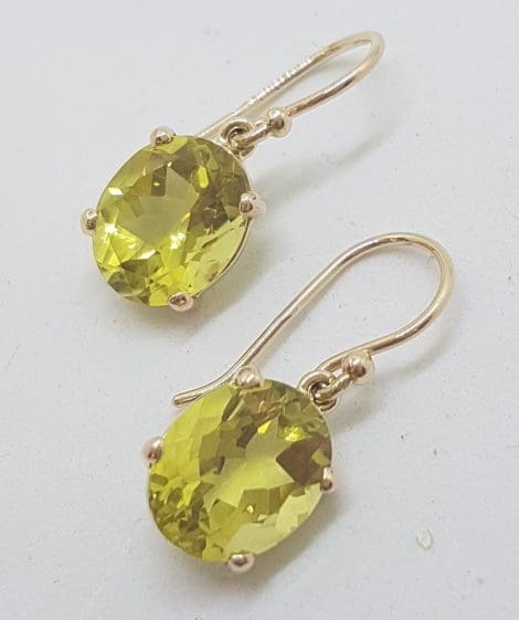 9ct Yellow Gold Oval Lemon Quartz / Citrine Claw Set Drop Earrings