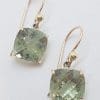 9ct Yellow Gold Claw Set Square Green Amethyst / Prasiolite Drop Earrings