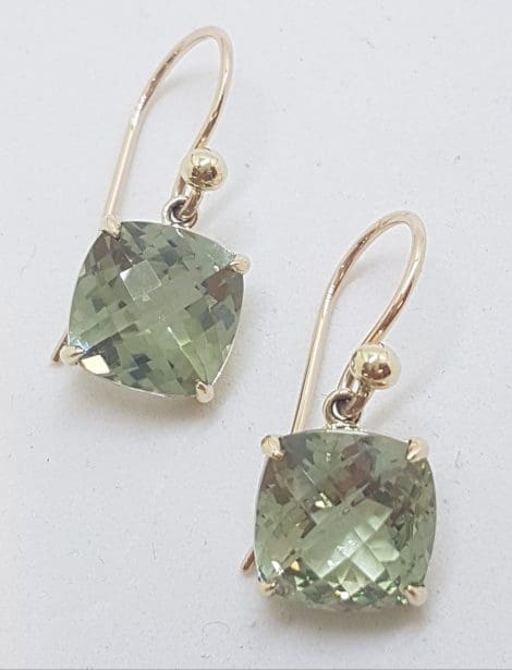 9ct Yellow Gold Claw Set Square Green Amethyst / Prasiolite Drop Earrings