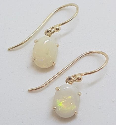 9ct Yellow Gold Claw Set Oval Solid Opal Drop Earrings