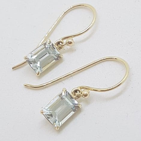 9ct Yellow Gold Claw Set Rectangular Aquamarine Drop Earrings