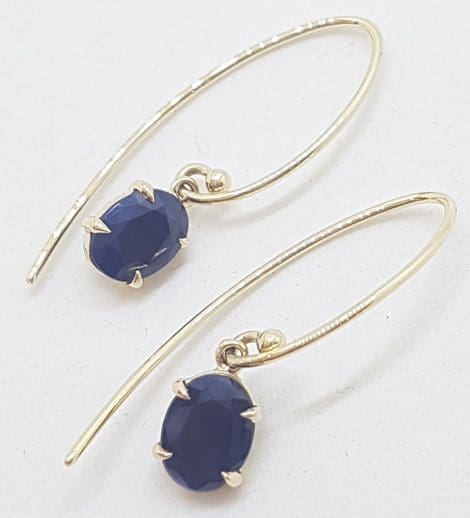 9ct Yellow Gold Oval Natural Sapphire Long Drop Earrings