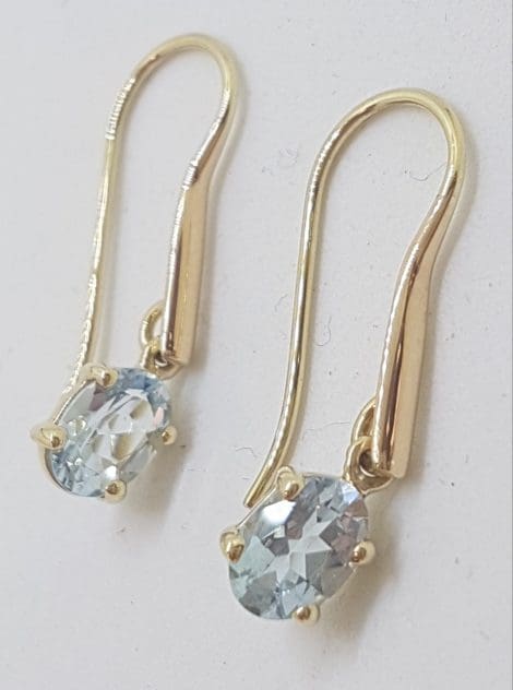 9ct Yellow Gold Claw Set Oval Aquamarine Long Drop Earrings