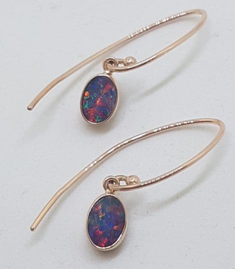 9ct Rose Gold Bezel Set Oval Blue and Multi-Colour Drop Earrings