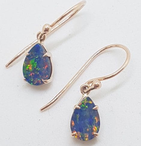 9ct Rose Gold Claw Set Teardrop / Pear Shape Blue and Multi-Colour Opal Drop Earrings