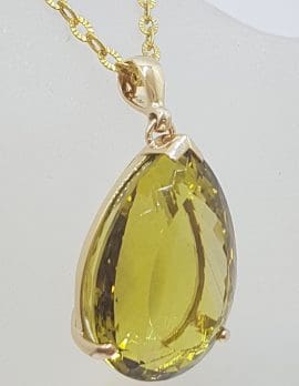 9ct Yellow Gold Large Teardrop Lemon Citrine / Quartz Claw Set Pendant on Gold Chain