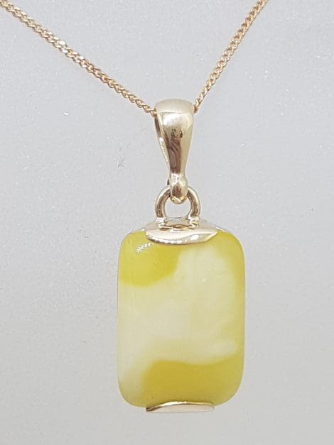 9ct Yellow Gold Natural Butter Amber Rectangular Pendant on Gold Chain