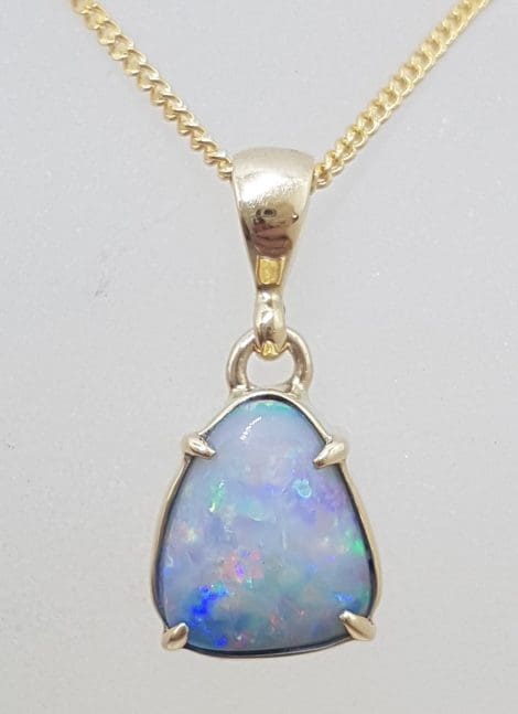 9ct Yellow Gold Triangular Blue Opal Claw Set Pendant on Gold Chain