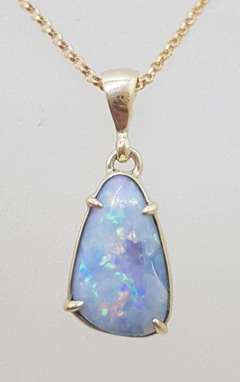 9ct Yellow Gold Teardrop / Pear Shape Blue Opal Claw Set Pendant on Gold Chain