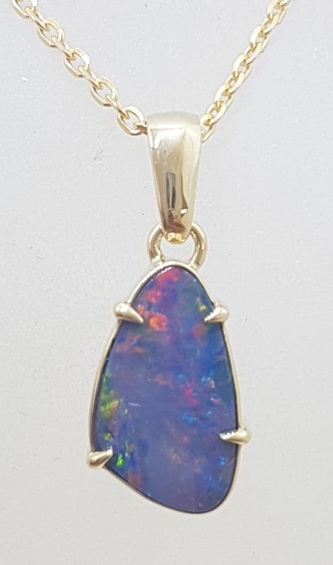 9ct Yellow Gold Dark Blue / Multi-Colour Opal Claw Set Pendant on Gold Chain