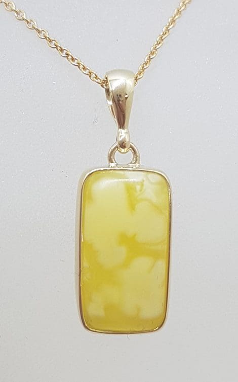 9ct Yellow Gold Bezel Set Natural Butter Amber Rectangular Pendant on Gold Chain